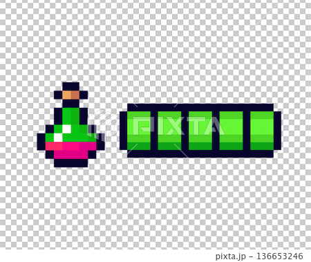 Pixel art potion and health bar icons for retro video games and user interfaces Pixel art potion and health bar icons for retro video games and user interfaces 136653246