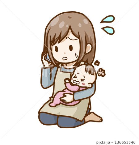泣く赤ちゃんを抱いて焦って電話をする母親のイラスト（病気・小児救急） 136653546