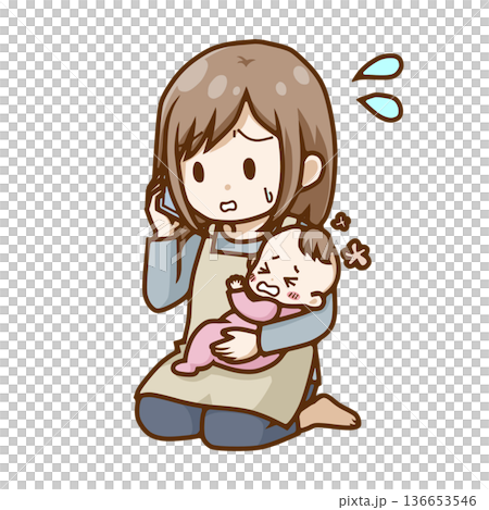 泣く赤ちゃんを抱いて焦って電話をする母親のイラスト（病気・小児救急） 136653546