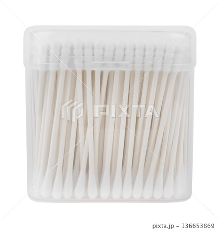 Cotton swabs in a transparent jar isolated on a white background 136653869