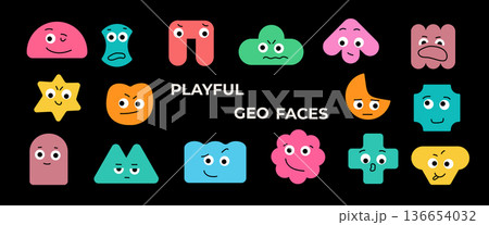 Playful Geometric Shape Characters with Cute Faces 136654032