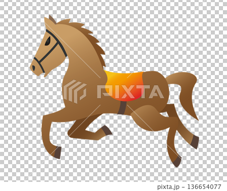 Stylized brown horse with orange saddle running in profile Stylized brown horse with orange saddle running in profile 136654077