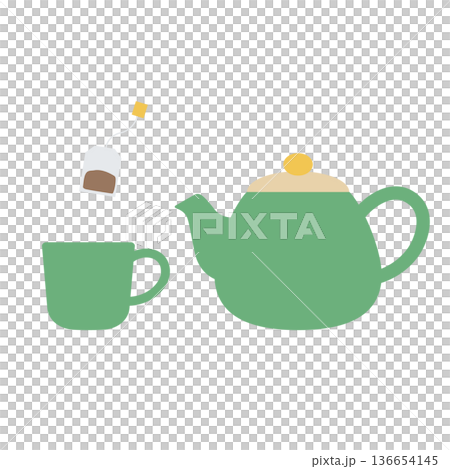 ティーポットとカップ、ティーバッグのシンプルなイラスト ティーポットとカップ、ティーバッグのシンプルなイラスト 136654145
