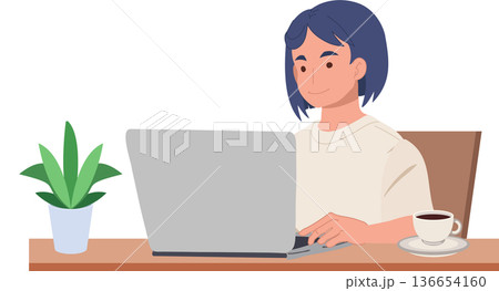 female freelancer typing on laptop at desk with coffee indoor home office. work from home concept. 136654160