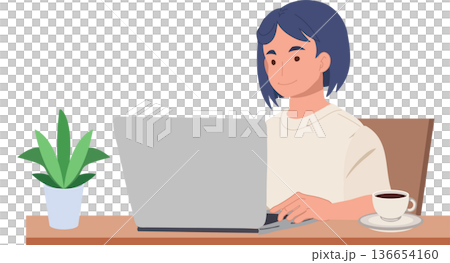 female freelancer typing on laptop at desk with coffee indoor home office. work from home concept. 136654160