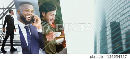 A successful businessman works online using a laptop at a modern office. He laughs while looking aside and enjoys his work. The atmosphere is professional and focused. 136654527