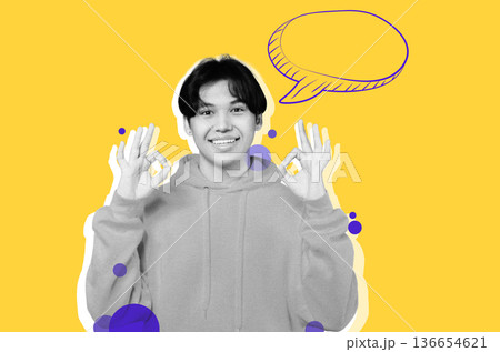 A young person stands with a smile and makes hand gestures that suggest positivity. The background is bright yellow with graphic speech elements. This scene captures enthusiasm and engagement. 136654621