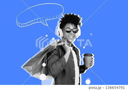 A young person with curly hair wears sunglasses and headphones. They hold a coffee cup in one hand and a shopping bag in the other. The background is bright with simple shapes. A young person with curly hair wears sunglasses and headphones. They hold a coffee cup in one hand and a shopping bag in the other. The background is bright with simple shapes. 136654791