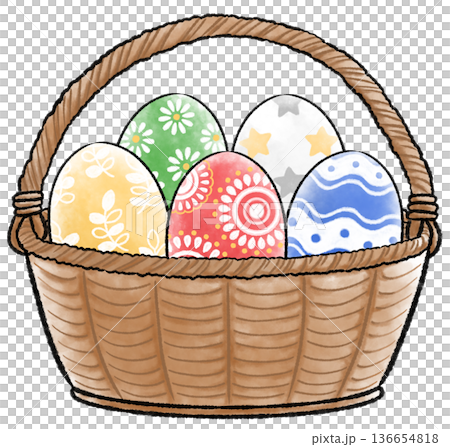 かごに入ったカラフルなイースターエッグの水彩風イラスト 136654818