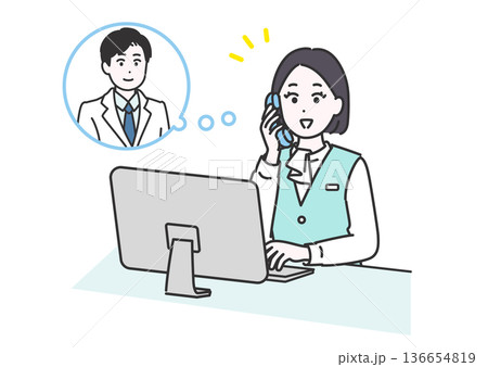 医師に電話を取り次ぐ受付業務の女性のイメージイラスト 136654819