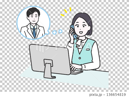 医師に電話を取り次ぐ受付業務の女性のイメージイラスト 136654819