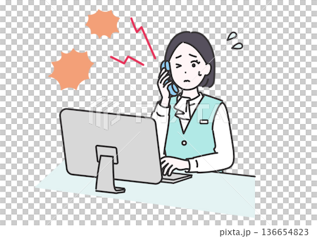 Illustration of a business woman surprised by a complaint phone call 136654823