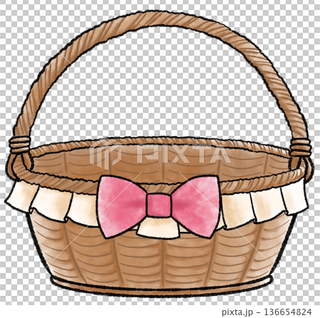 リボンの付いた茶色のかごの水彩風イラスト 136654824