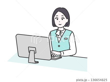パソコンの前で仕事をする女性事務員のイメージイラスト 136654825