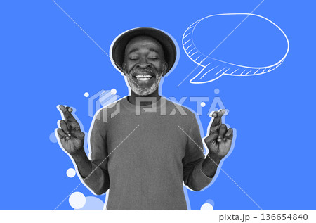 A man smiles widely while crossing his fingers. He wears a hat and stands against a blue background. A speech bubble appears near him, suggesting he is about to speak or share something. A man smiles widely while crossing his fingers. He wears a hat and stands against a blue background. A speech bubble appears near him, suggesting he is about to speak or share something. 136654840