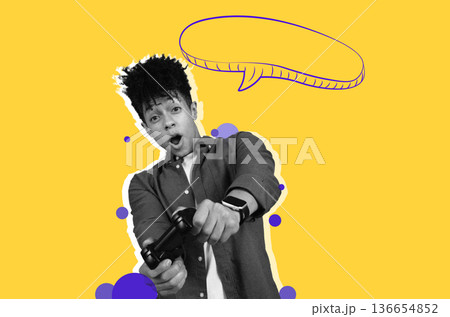 A person is focused on playing video games. They hold a game controller and express excitement. The background is bright yellow with graphic elements. 136654852