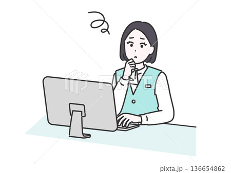 仕事中、パソコン画面を見つめて思案する女性社員のイラスト 136654862