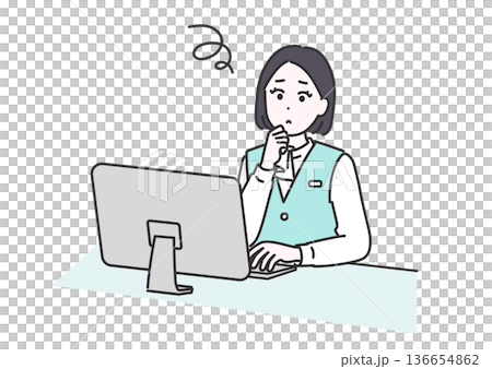 仕事中、パソコン画面を見つめて思案する女性社員のイラスト 136654862