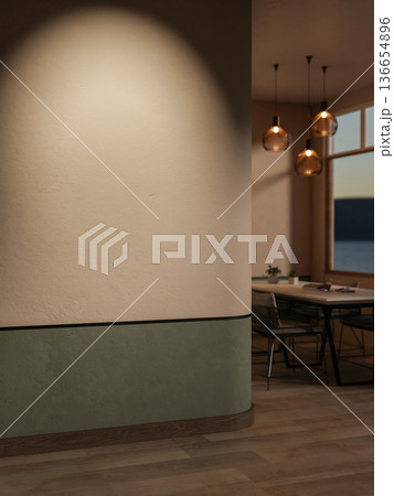 White and green wall with spotlight and dining table under lamp on wooden parquet floor in dim room. 136654896