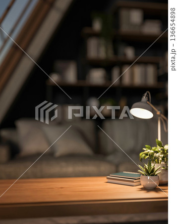 Books and potted plant under lamp light on wooden table across sofa and bookshelf in dim attic room. Books and potted plant under lamp light on wooden table across sofa and bookshelf in dim attic room. 136654898