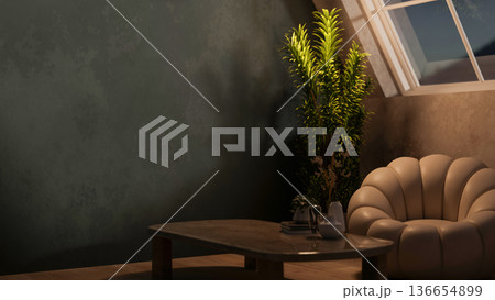 Books and vase on wooden table aside leather flower sofa chair and houseplant in dim lit attic room. Books and vase on wooden table aside leather flower sofa chair and houseplant in dim lit attic room. 136654899