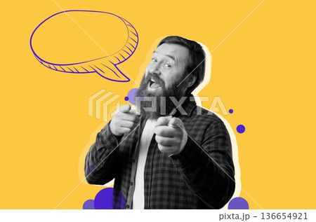 A man stands with a big smile and points towards the viewer. He appears happy and confident. A speech bubble is shown above him. The background is bright yellow with colorful dots. A man stands with a big smile and points towards the viewer. He appears happy and confident. A speech bubble is shown above him. The background is bright yellow with colorful dots. 136654921