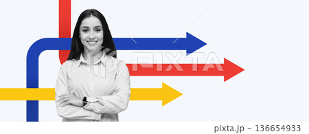 A woman stands with her arms crossed. Behind her are colorful arrows pointing in various directions. The setting is simple with a light background, emphasizing the arrows and the woman. A woman stands with her arms crossed. Behind her are colorful arrows pointing in various directions. The setting is simple with a light background, emphasizing the arrows and the woman. 136654933