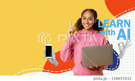 Black teen girl stands in a studio with a laptop. She smiles and points her finger up, showing a creative idea. The bright yellow background adds to her cheerful expression as she poses. 136655032