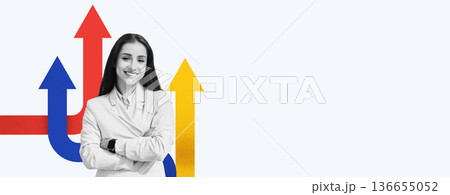 A woman in a business suit stands confidently with her arms crossed. Colorful arrows point in various directions behind her. The setting appears to focus on themes of progress and direction in work. A woman in a business suit stands confidently with her arms crossed. Colorful arrows point in various directions behind her. The setting appears to focus on themes of progress and direction in work. 136655052