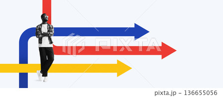 A person stands in the center of a collage where arrows in red, blue, yellow, and black extend outward. The scene suggests various paths and choices. A person stands in the center of a collage where arrows in red, blue, yellow, and black extend outward. The scene suggests various paths and choices. 136655056