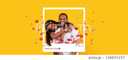 A couple is happily embracing and smiling in a playful collage celebrating Valentine's Day. Heart graphics surround them against a yellow background. A couple is happily embracing and smiling in a playful collage celebrating Valentine's Day. Heart graphics surround them against a yellow background. 136655257