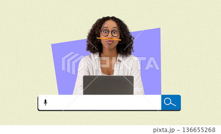 A woman sits in front of a laptop with a pencil held in her mouth. She looks focused and is deep in thought. The background is a bright color, adding a fun touch to the scene. A woman sits in front of a laptop with a pencil held in her mouth. She looks focused and is deep in thought. The background is a bright color, adding a fun touch to the scene. 136655268