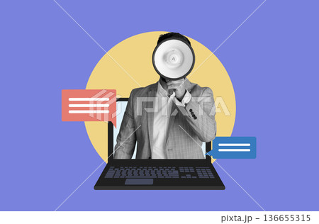 A person stands with a megaphone in front of a laptop. Two chat bubbles appear beside them. Discussion happens in a digital setting. Colors make the scene bright and engaging. 136655315