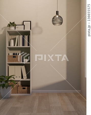 Shelf with books and decorations aside pot plant on wooden parquet floor and lamp in white wall room 136655575