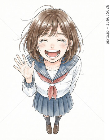 満面の笑顔で手を振る女子高生 満面の笑顔で手を振る女子高生 136655626