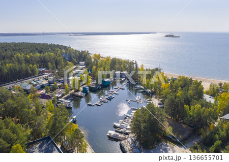 Aerial view of marina on the Ob Sea near Akademgorodok in Novosibirsk, Russia, in summer 2019 Aerial view of marina on the Ob Sea near Akademgorodok in Novosibirsk, Russia, in summer 2019 136655701