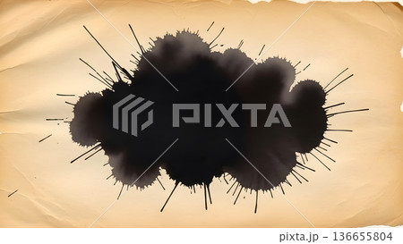 Black Ink Splatter and Blot on Aged Vintage Paper Background 136655804
