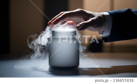 Businessman Hand Over Frosty Jar with Ethereal Smoke and Vapor 136655838