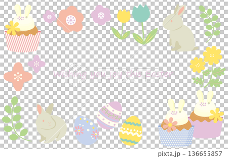 イースターエッグ、うさぎとスイーツイラストセット 136655857