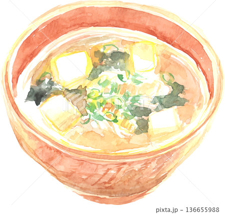 水彩で描いた味噌汁のイラスト　ベクター 136655988