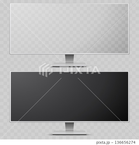 Realistic Ultrawide Computer Monitor Mockup Set. Vector Silver Desktop Screen Template with Transparent and Black Display. 136656274
