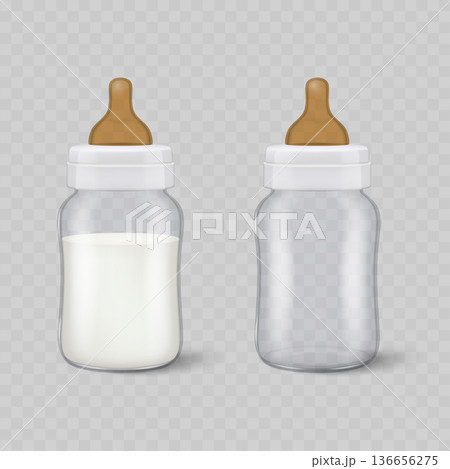 Realistic Baby Bottle Mockup Set. Vector Full and Empty Feeding Container with Milk and Silicone Nipple. Realistic Baby Bottle Mockup Set. Vector Full and Empty Feeding Container with Milk and Silicone Nipple. 136656275