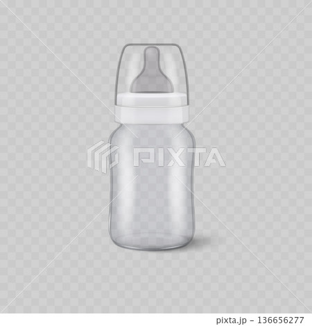 Realistic Transparent Baby Bottle Mockup with Cap. Vector 136656277