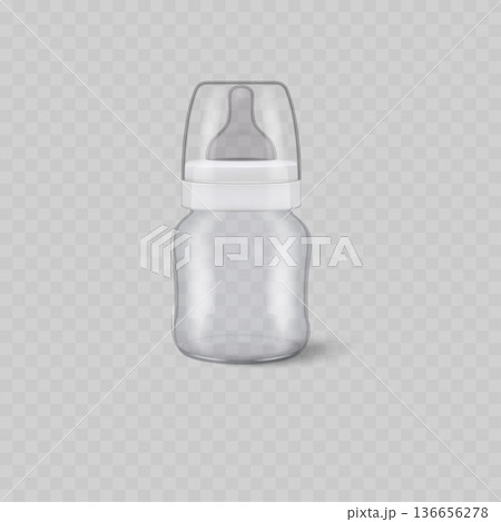 Realistic Transparent Baby Bottle Mockup with Cap. Vector 136656278