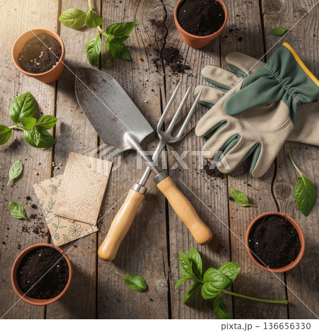 Gardening Tools, Seed Packets, and Pots Ready for Spring Planting on Wooden Table 136656330