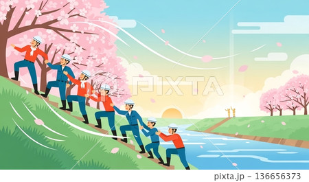 桜舞う坂道を登る建設チーム 136656373