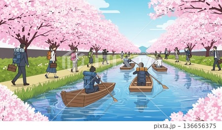 桜舞う運河を行き交う春の人々 桜舞う運河を行き交う春の人々 136656375