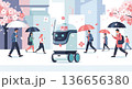 雨の桜並木を走る配達ロボット 136656380