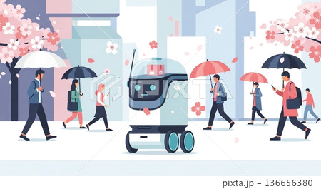 雨の桜並木を走る配達ロボット 136656380