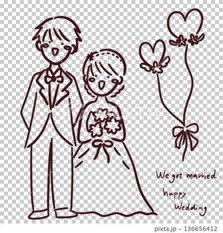 Cute hand-drawn illustration of a bride and groom getting married 136656412